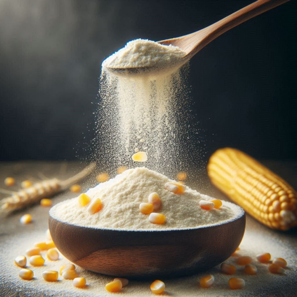 Maize starch being poured, used as a coating in batters and breading for food processing