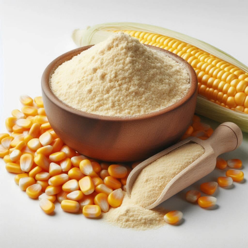 Pile of corn kernels and flour representing maize starch raw material
