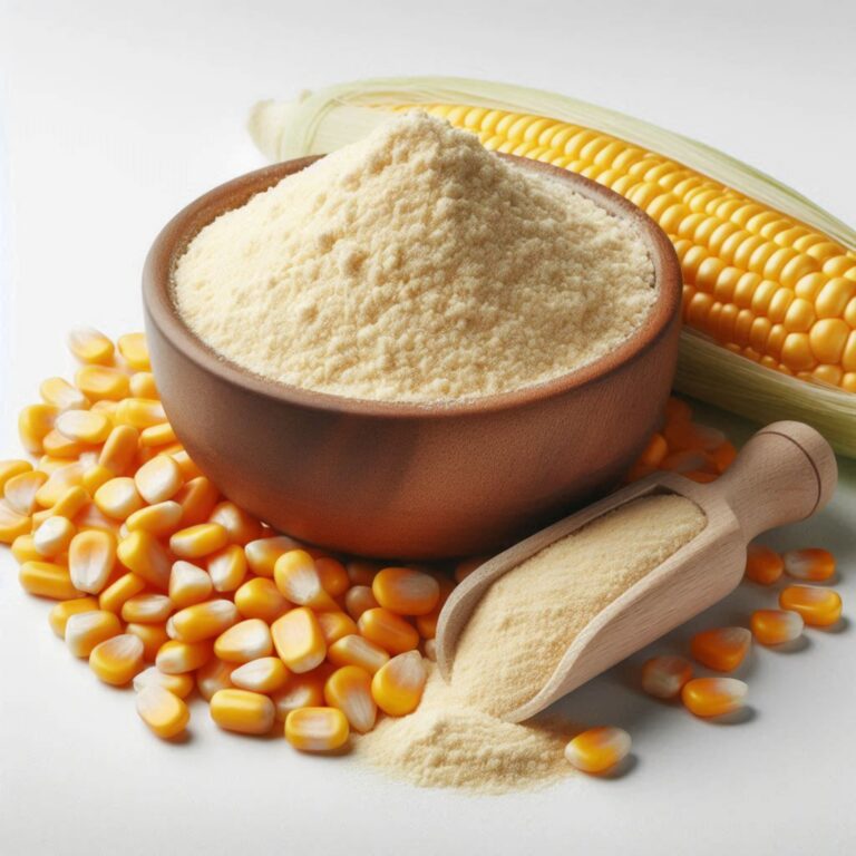 Pile of corn kernels and flour representing maize starch raw material