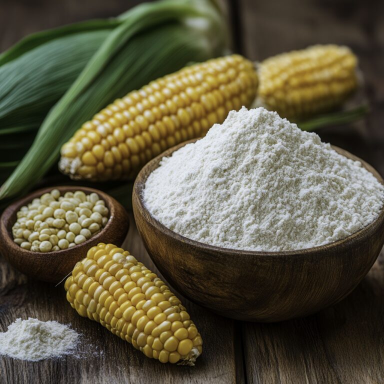 Fresh corn on the cob and cornmeal, the raw material source for maize starch and corn starch